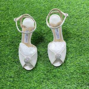 Jimmy Choo Sacora 85mm Satin Sandals with Crystal Sphere